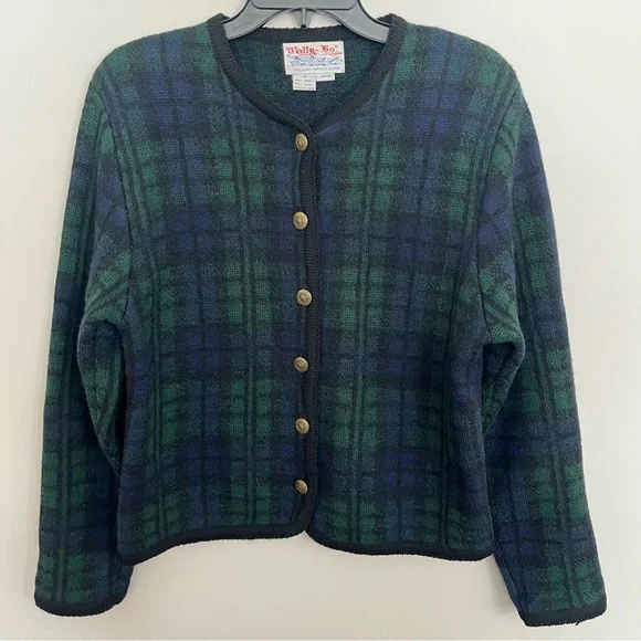 Tally-Ho Women's Size Medium Cardigan Wool Sweater Gold Buttons Plaid Green Blue - Picture 1 of 8